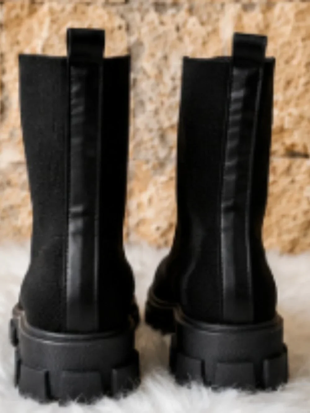 Black Knit Sock Boots Chunky Lug Sole Pull-On Ankle Boots Size 31
